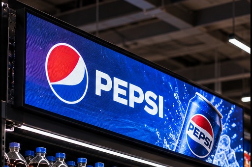 Pantalla LED lineal con publicidad de Pepsi entre góndolas de bebidas