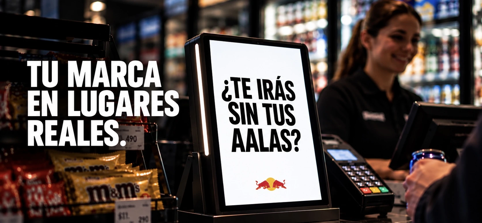 Escena de minimarket con una micropantalla publicitaria sobre el mostrador y el mensaje ¿Te irás sin tus AAlas?