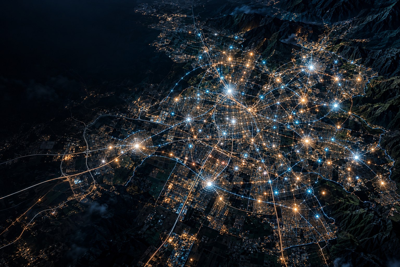 Visual conceptual a color de una ciudad conectada por nodos luminosos que representan una posible red publicitaria Livytics. La imagen es ilustrativa y no representa ubicaciones contratadas ni cobertura operativa.